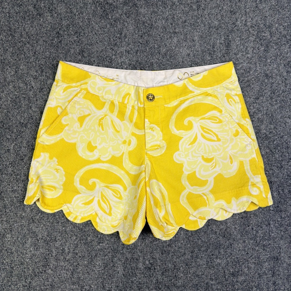 Women's Lilly Pulitzer Buttercup Shorts Size 00 Scalloped Floral Paisley Yellow
